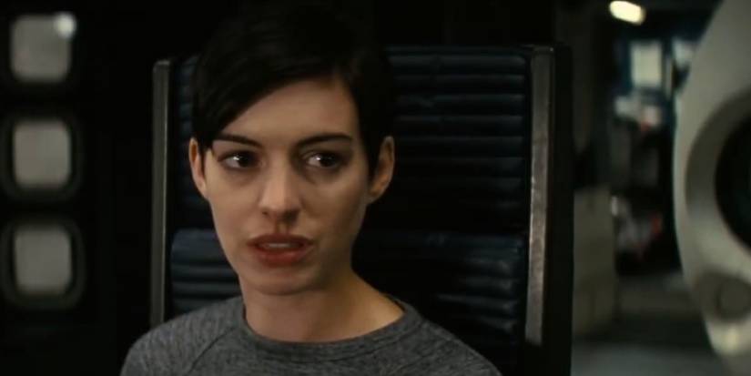 Anne Hathaway as Dr Amelia Brand sitting in the space ship in Interstellar.