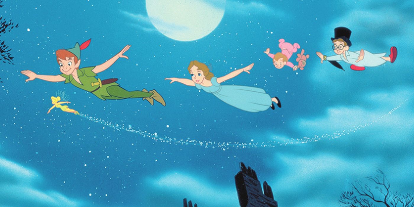 Peter Pan and the Darlings flying in Peter Pan.