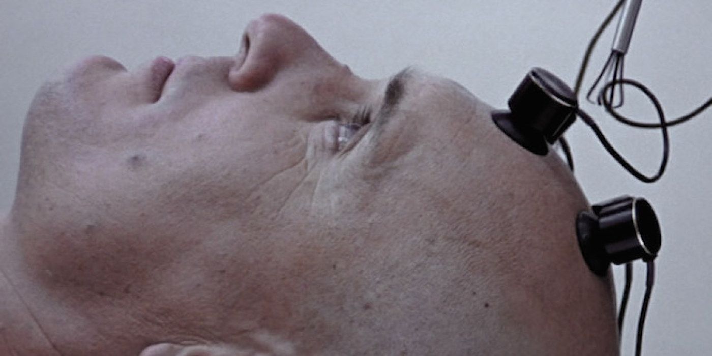 Close up of Robert Duvall lying down in THX 1138