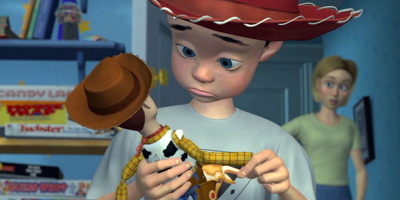Andy looking sad with Woody while his mom comforts him in the background in Toy Story