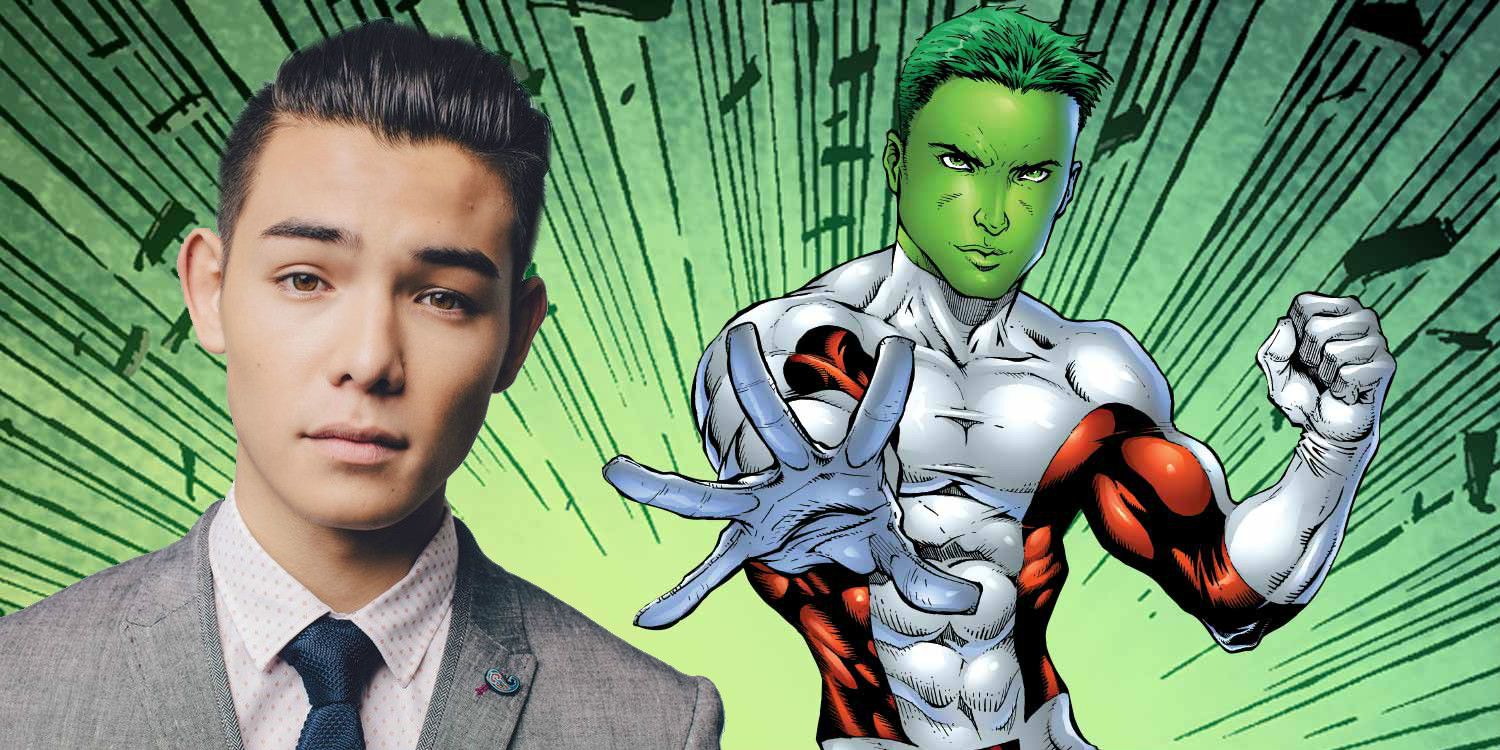 A blended image features actor Ryan Potter alongside the DC comic book version of Beast Boy