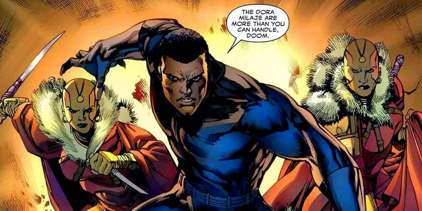 Black Panther fights along the Dora Milaje in the comics