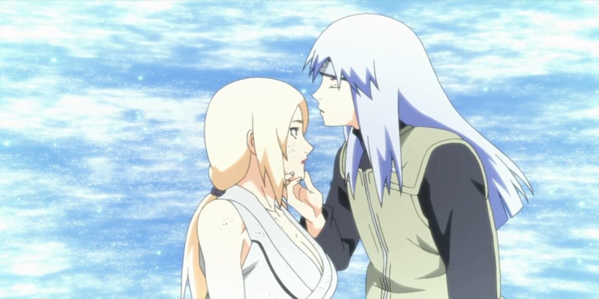Dan holds Tsunade's chin and leans forward in a Naruto flashback