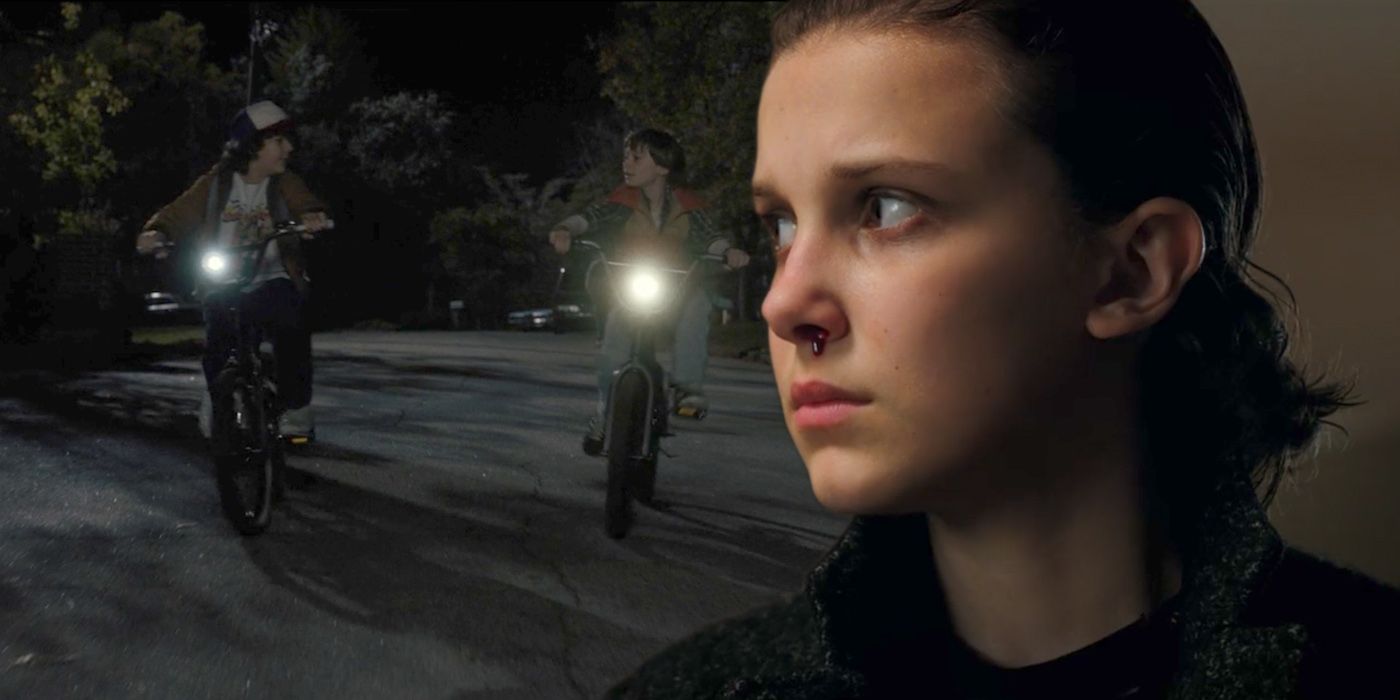 Dustin and Will on Bikes and Eleven in Stranger Things