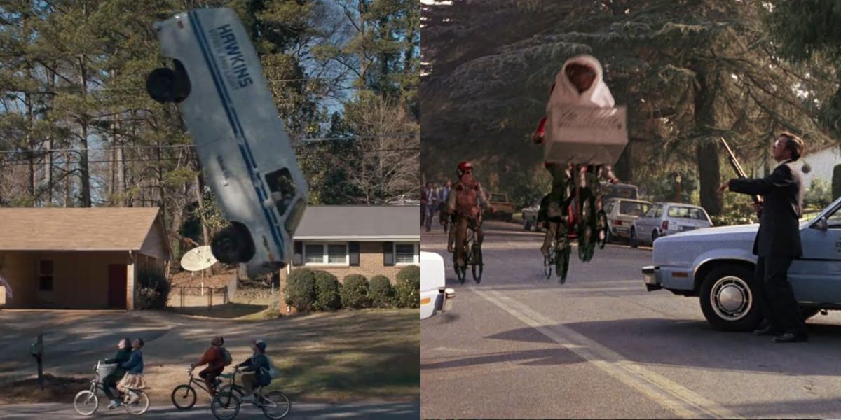 Eleven flips the van in Stranger Things and ET makes the bicycles fly