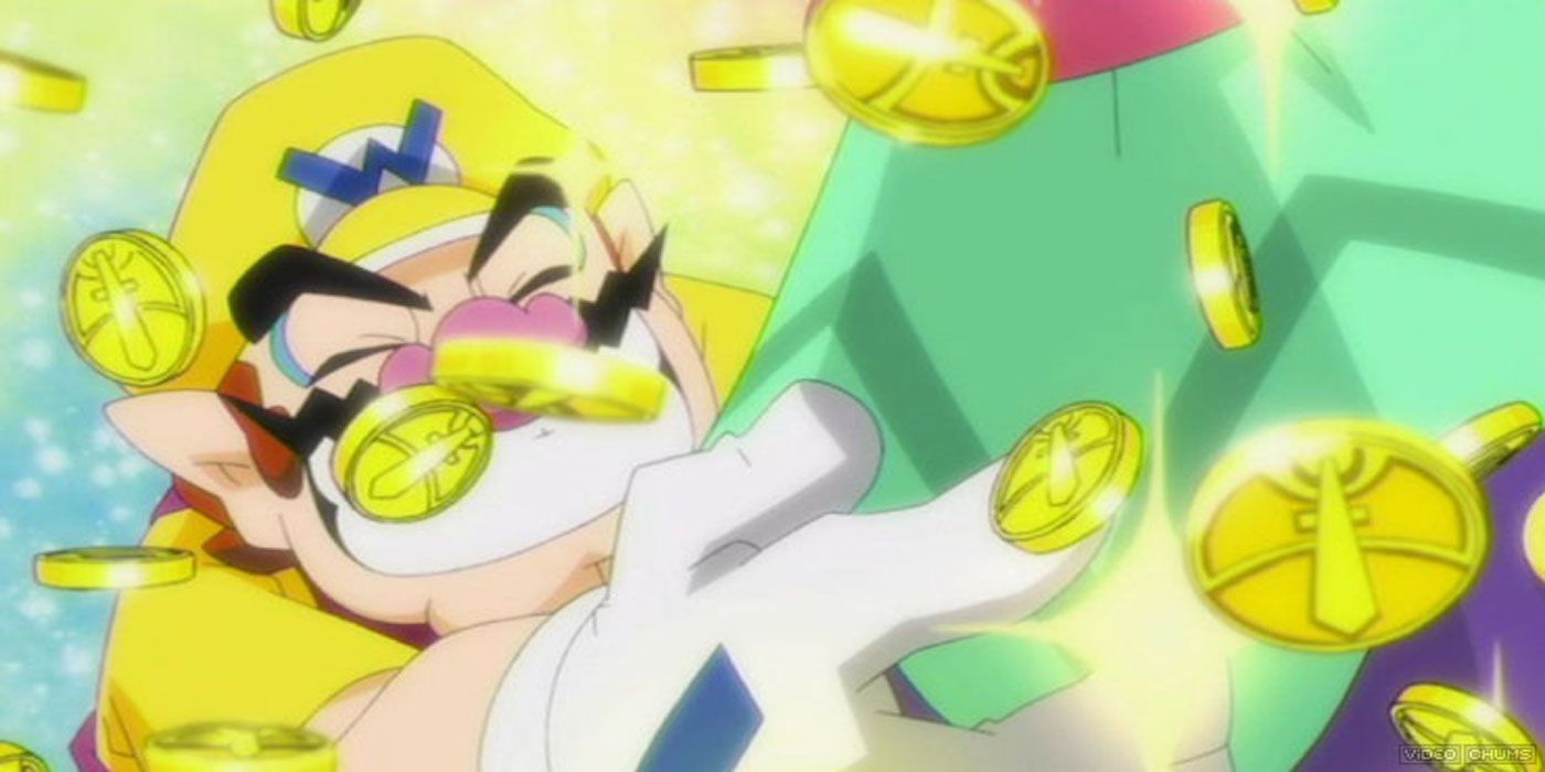 Wario shaking out some gold coins.