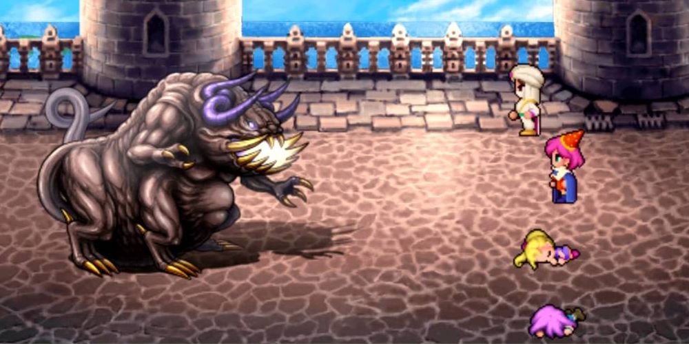 A party fighting horned boss Twintania in Final Fantasy 5.