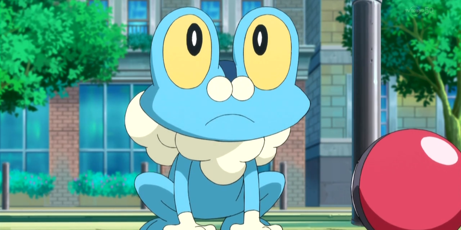 Froakie looking confused in the Pokémon anime