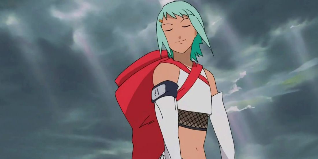 Fu smiles with her eyes closed against a grey sky in Naruto Shippuden