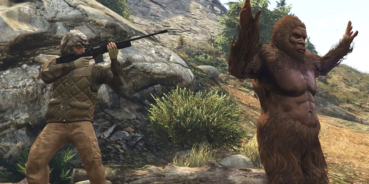Hunting a sasquatch and holding him up from behind in Grand Theft Auto V
