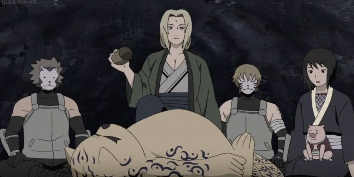 Tsunade stands with Anbu members in Naruto Shipuden