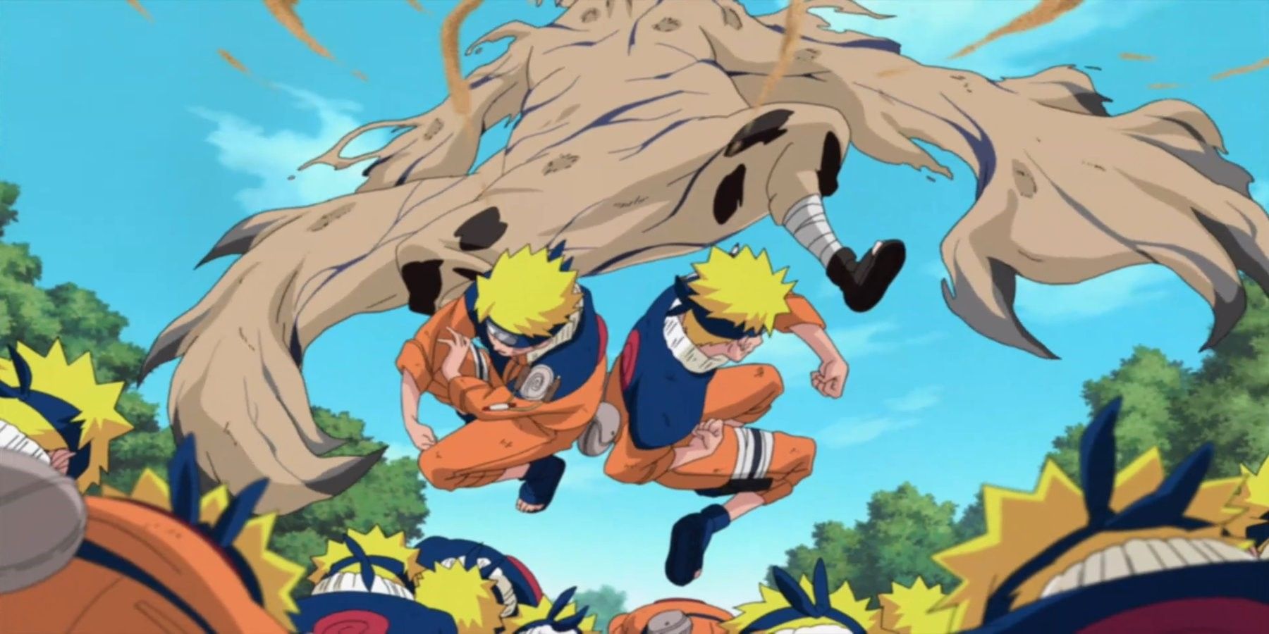 Naruto's clones fighting a transformed Gaara in Naruto.