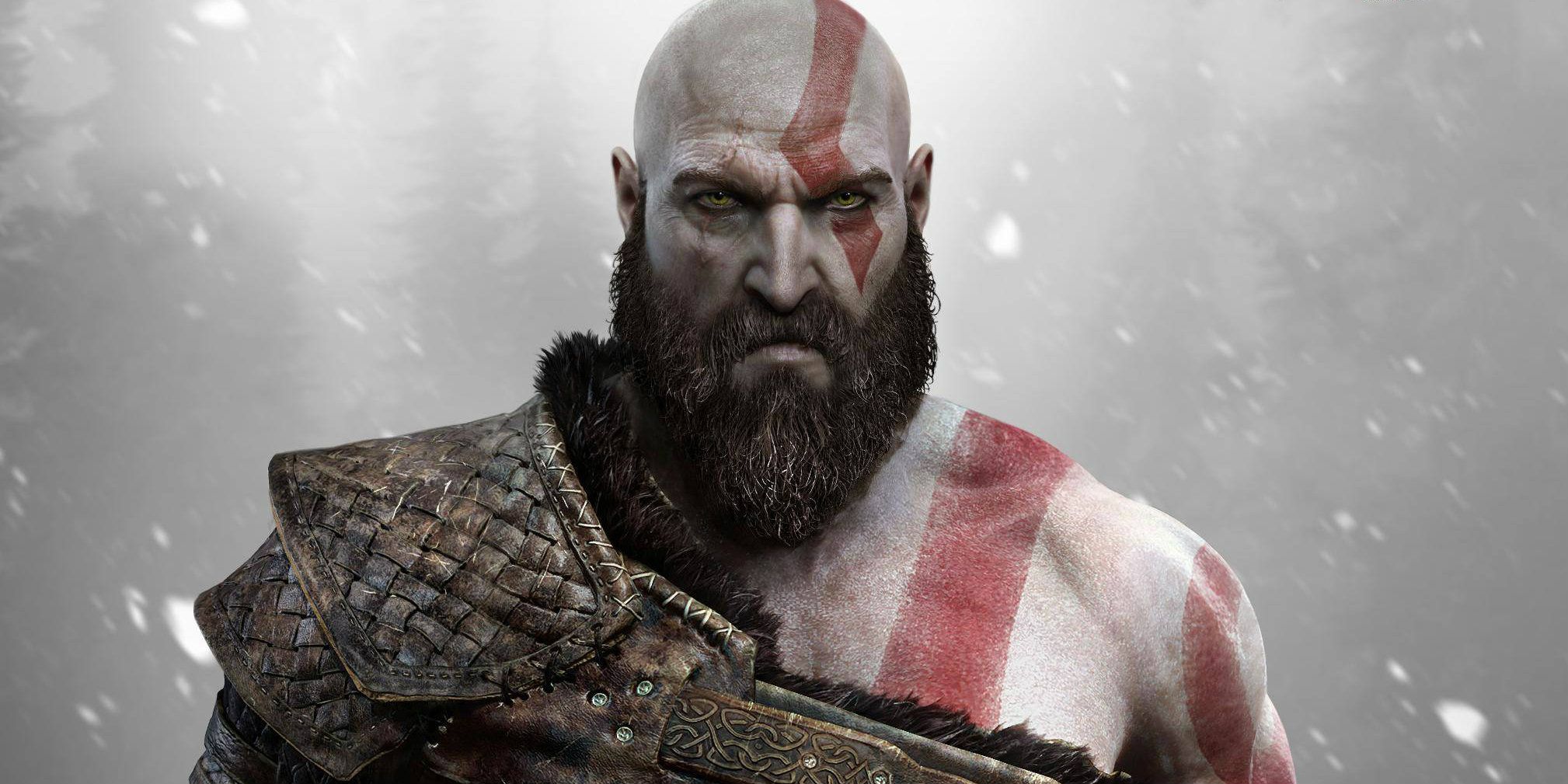 Kratos as he appears in the two most recent God of War games, still bald, but with a long beard and aged face.