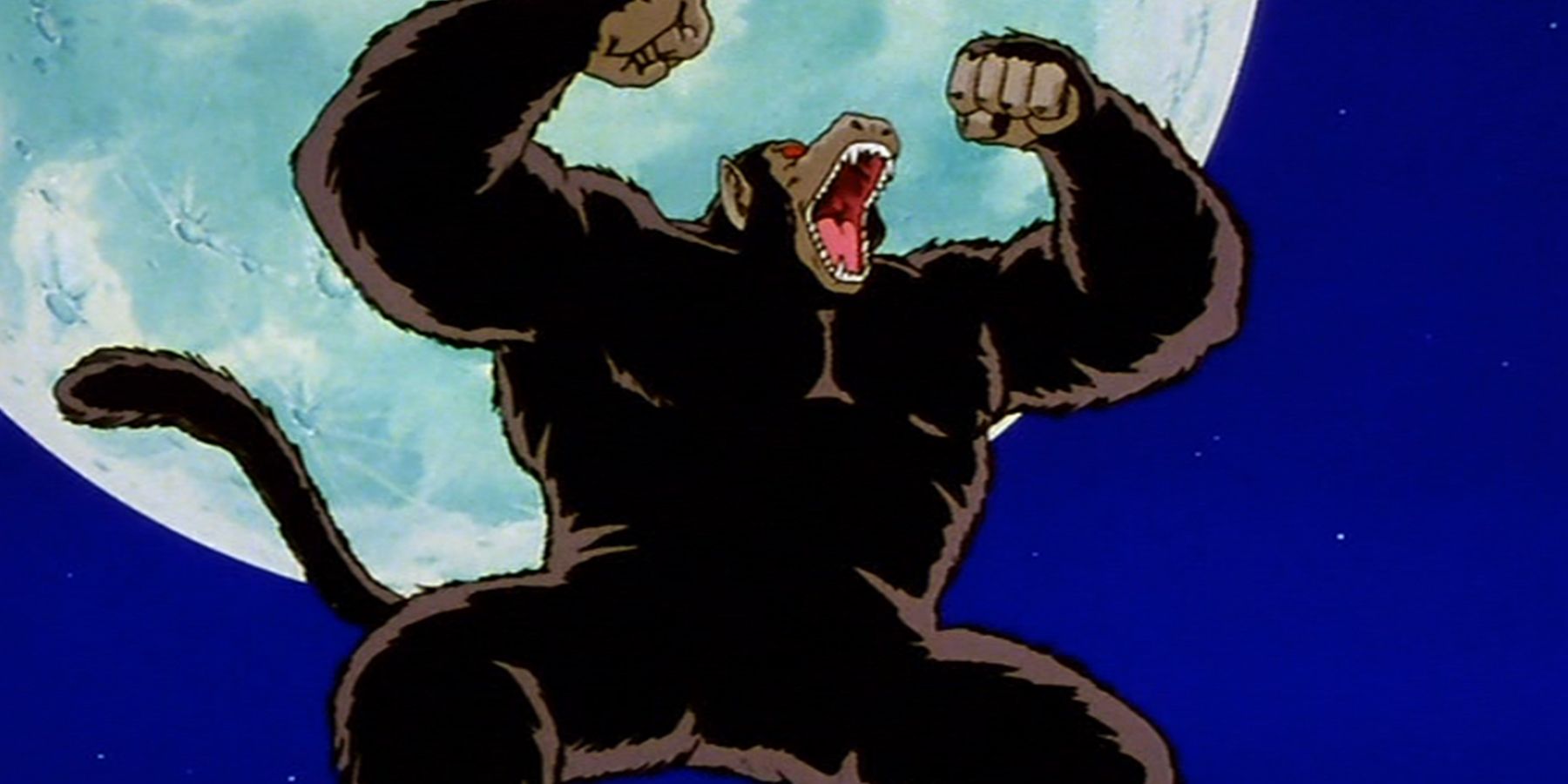 Gohan's Great Ape form roaring in front of the full moon in Dragon Ball Z