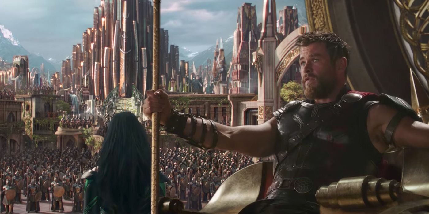 Hela and Thor in Asgard in Ragnarok