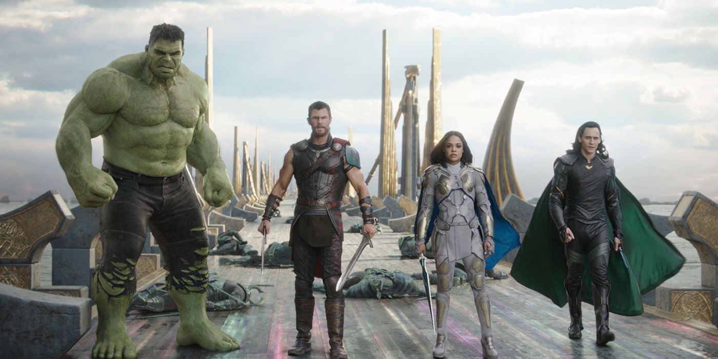 Hulk Thor Valkyrie and Loki preparing for the final battle in Ragnarok