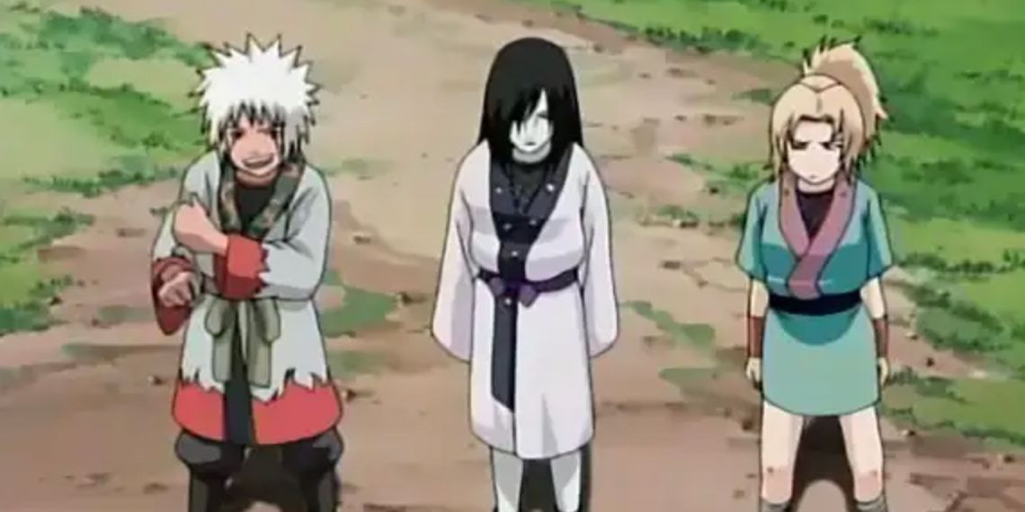 Jiraiya, Orochimaru, and Tsunade as children in a Naruto flashback