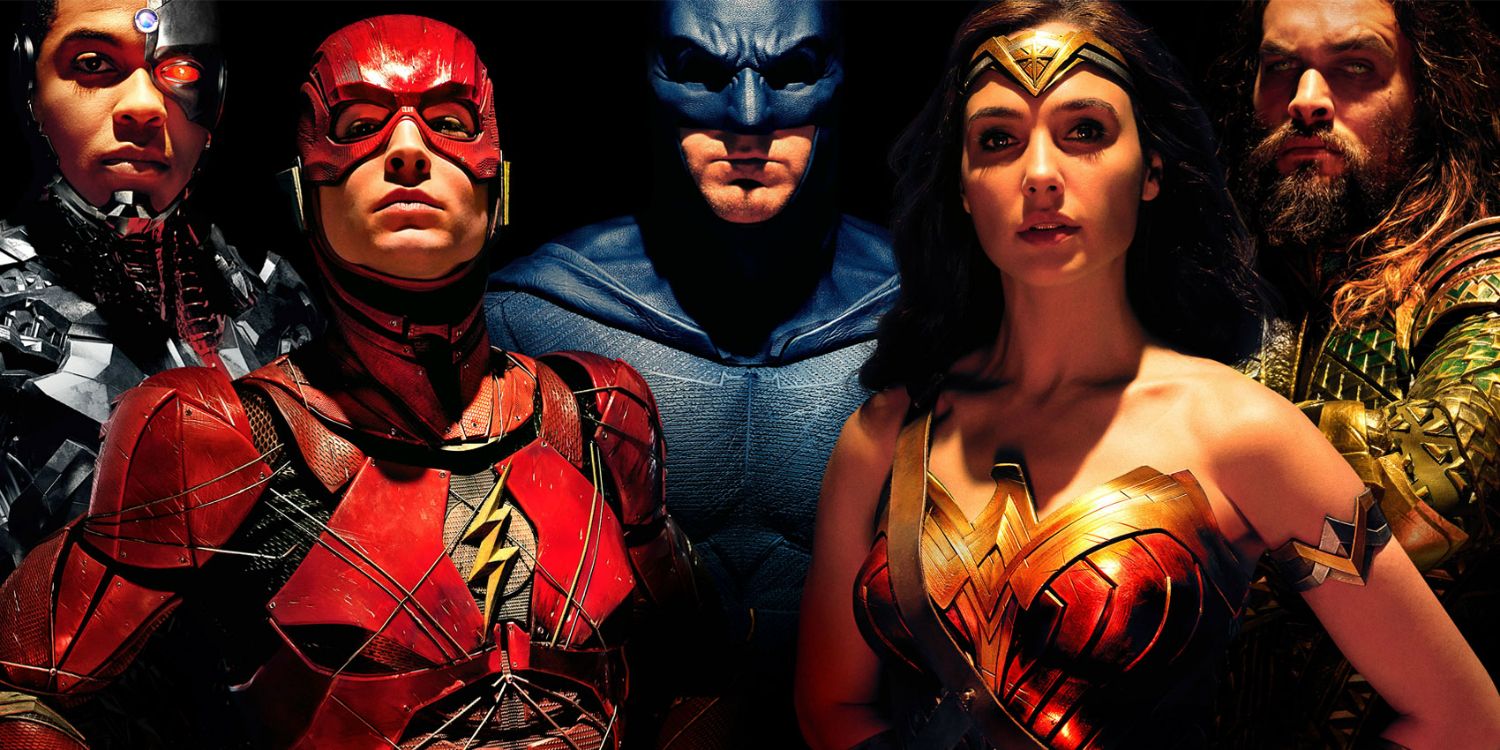 Justice League 2017 banner featuring Flash, Batman, Aquaman, Cyborg, and Wonder Woman
