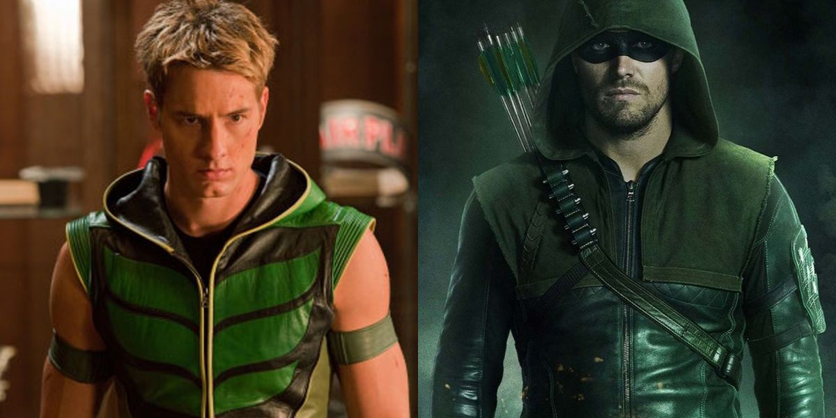 Justin Hartley as Oliver Queen in Smallville and Stephen Amell as Oliver Queen in Arrow