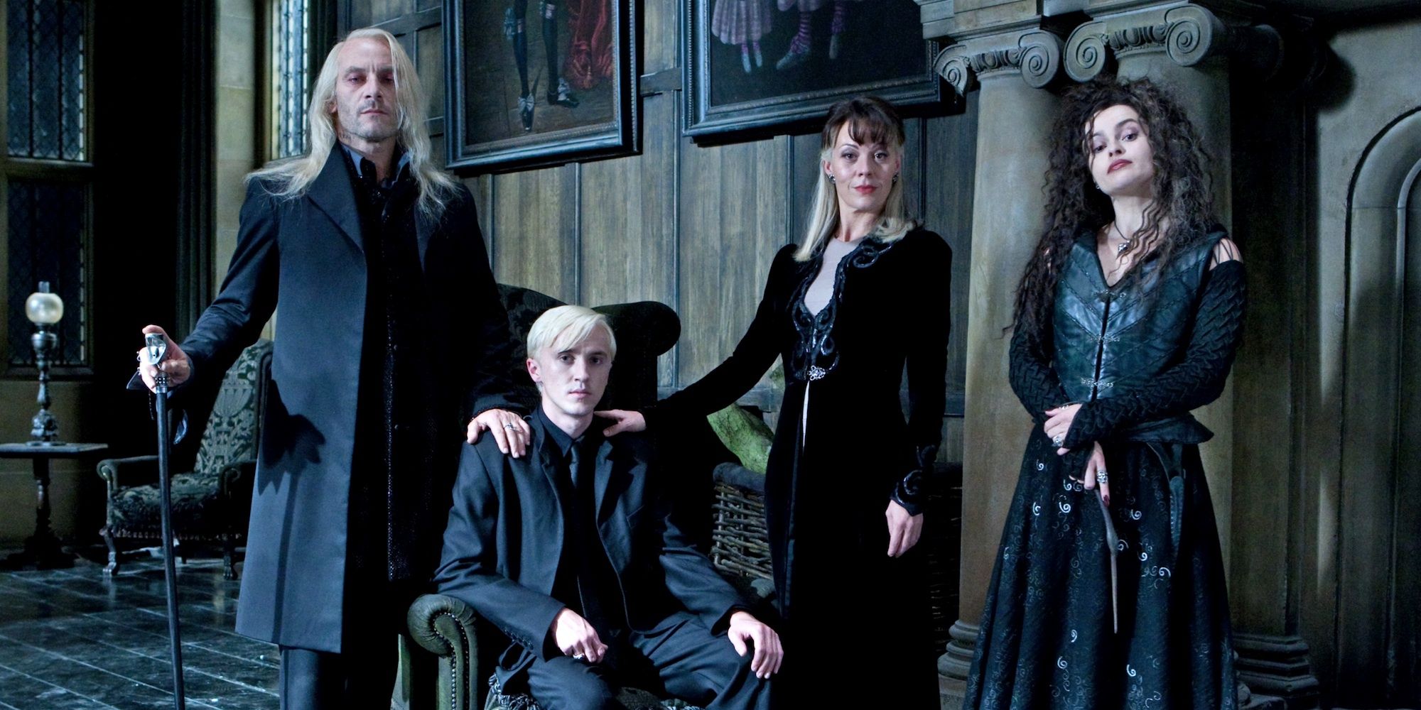 Malfoy family standing together at Malfoy Manor in Deathly Hallows