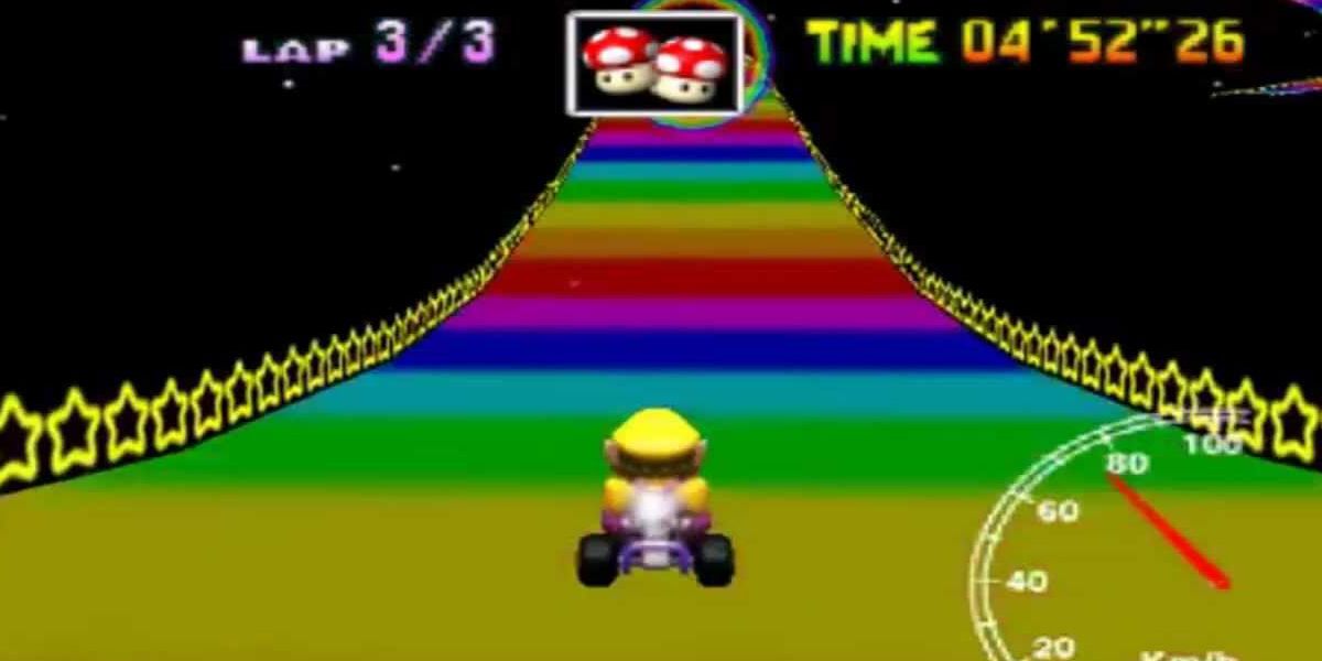 Mario Kart 64 Rainbow Road, Mario corre por Rainbow Road