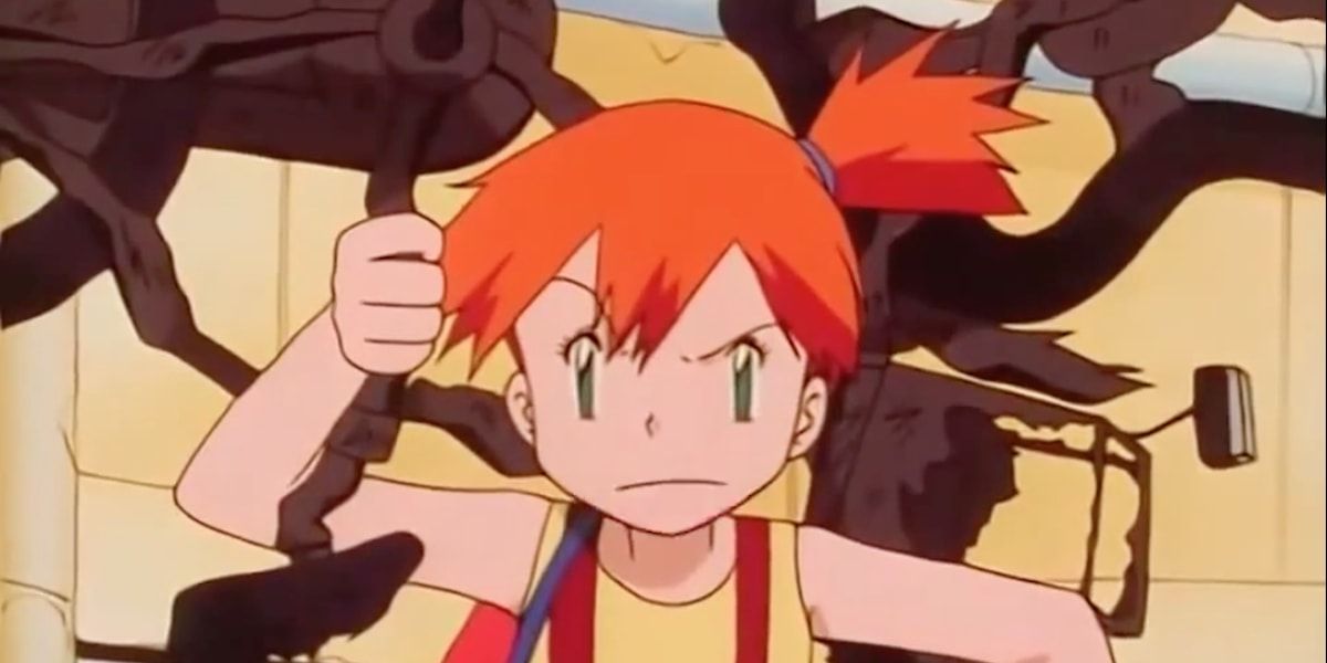 An angry Misty complains about her distroyed bike in the Pokémon anime