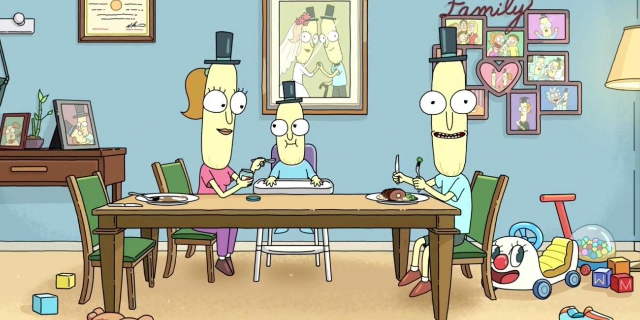 Mr. Poopbutthole sits with his family at the table in Rick And Morty.