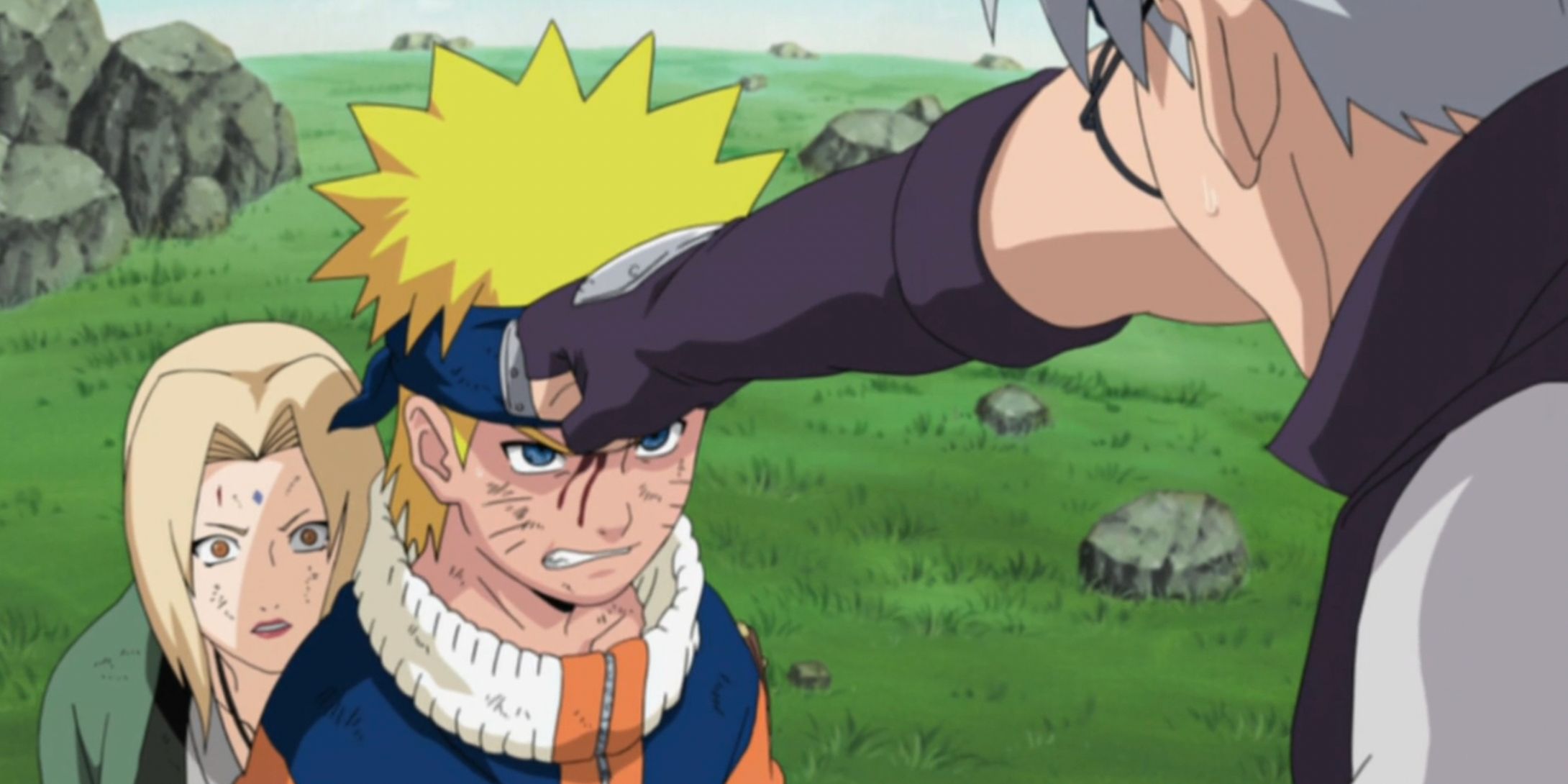 Naruto protects Tsunade from Kabuto in the Naruto anime