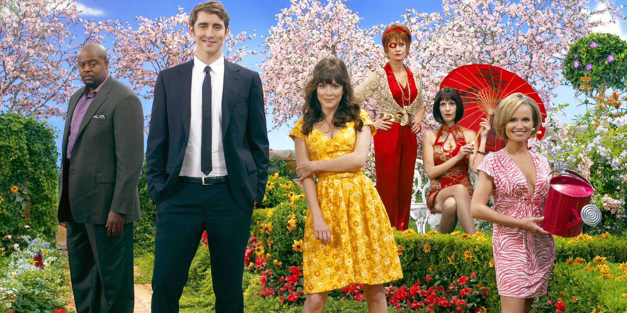 Cast of Pushing Daisies in a garden