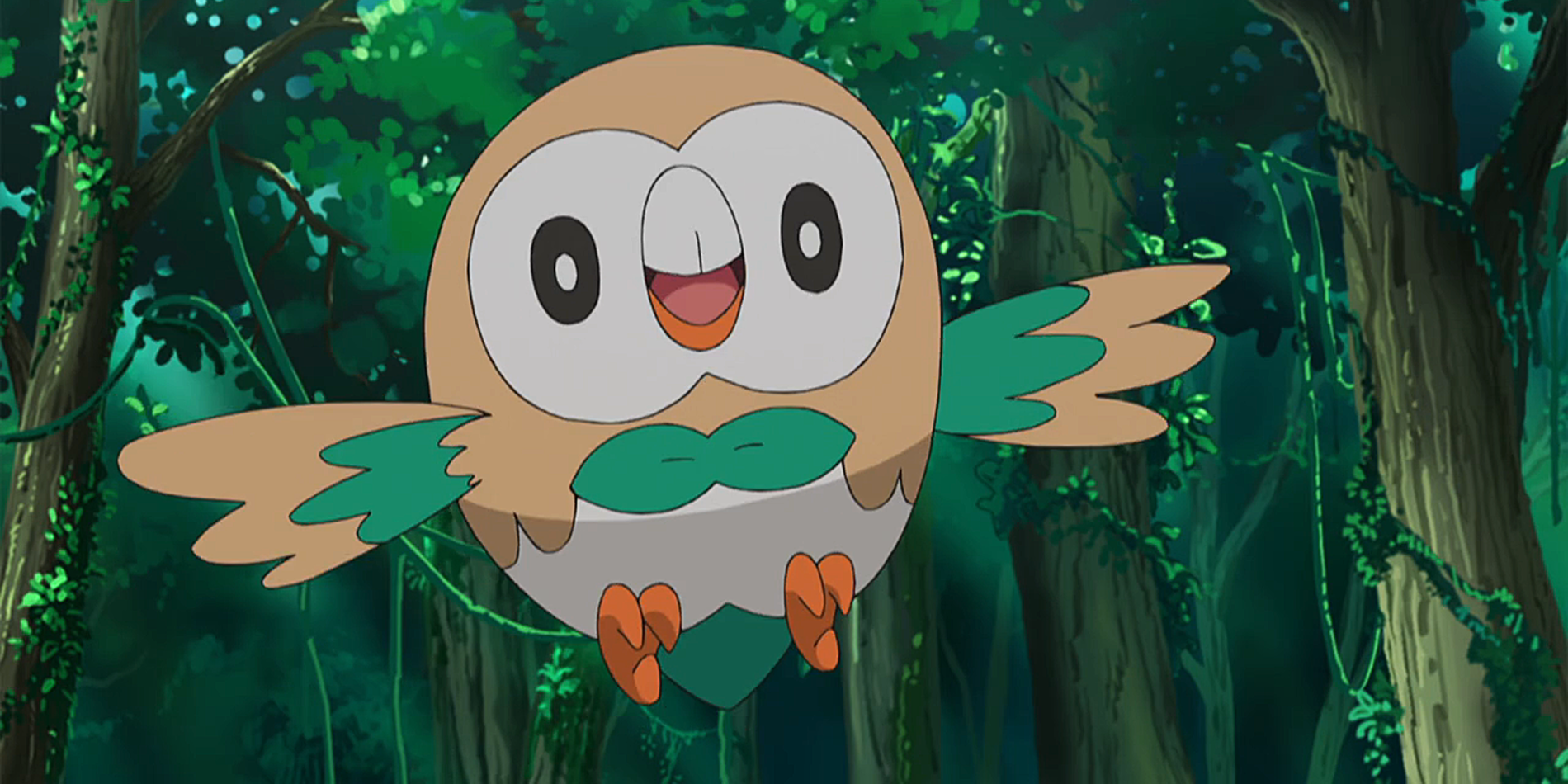 Rowlet happily flying in the woods in Pokemon.