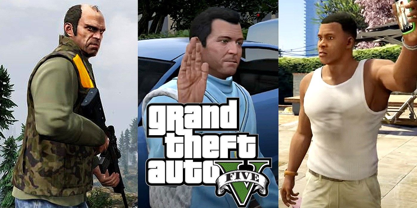 Split image of Trevor, Michael and Franklin from Grand Theft Auto V with the game's logo on top
