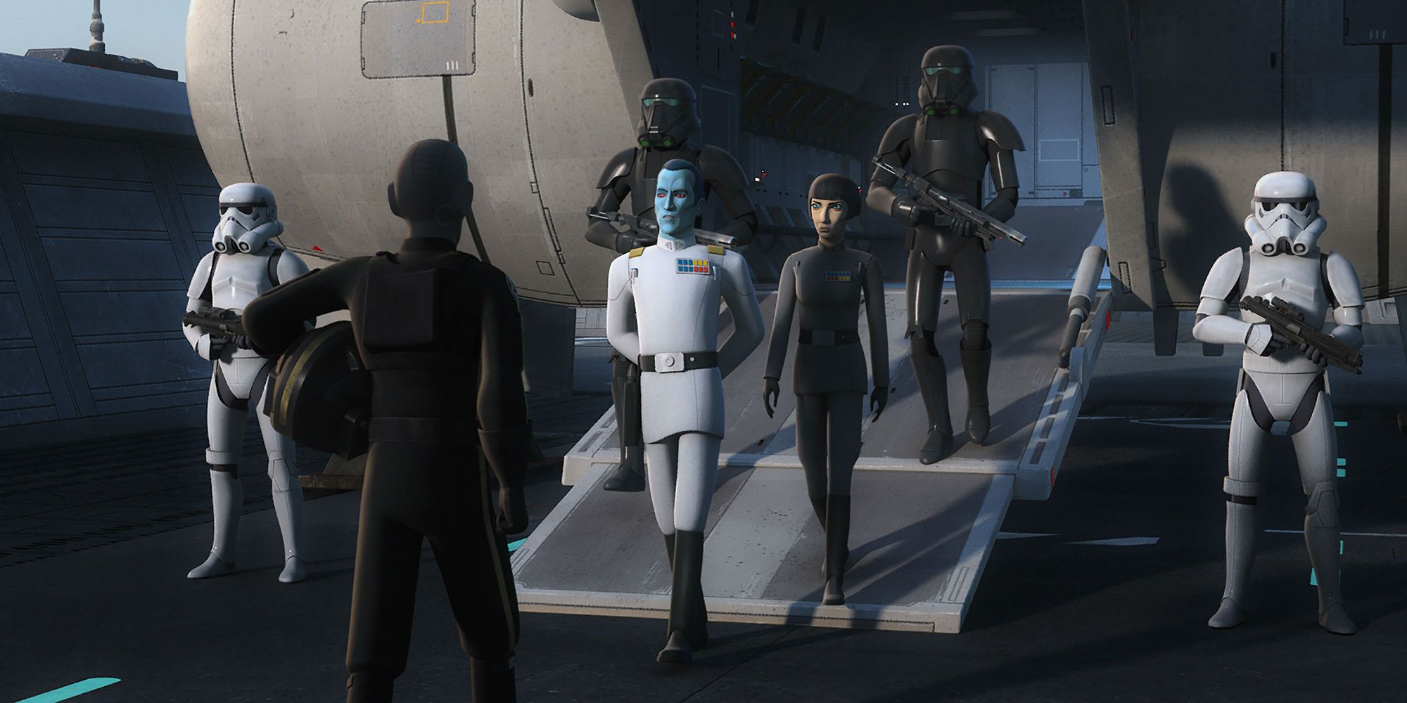 Thrawn accompanied by Pryce and stormtroopers in Rebels