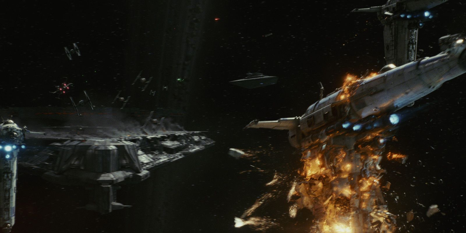 Resistance ships explode in battle in Star Wars: The Last Jedi.