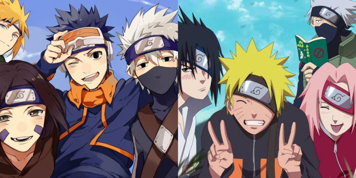 A split image depicts Team Minato alongside Team Kakashi in the Naruto franchise