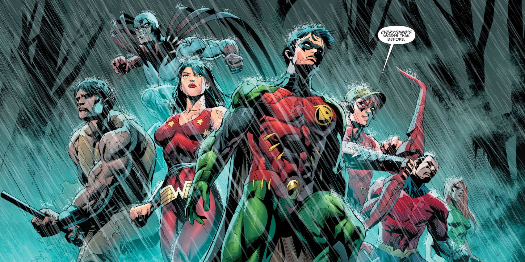The Teen Titans under the rain in the comics