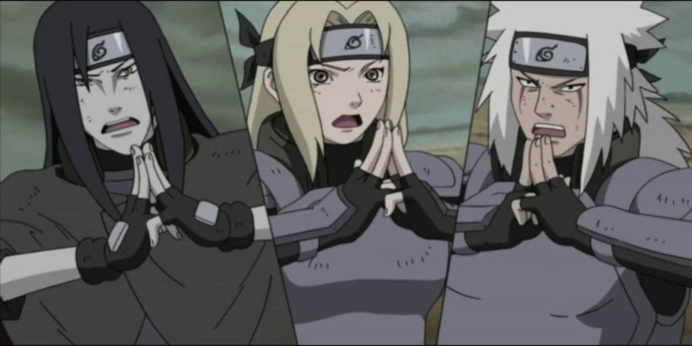 A fractured image from a Naruto Shippuden flashback features Orochimaru, Tsunade, and Jiriaya in battle together