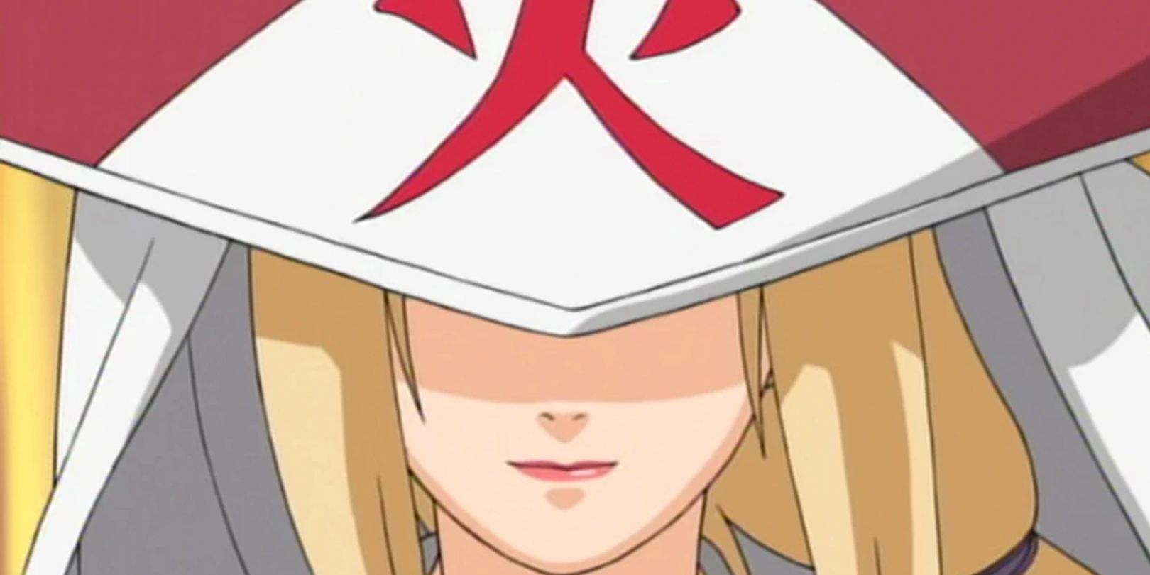 Tsunade in her Hokage hat with her eyes covered in Naruto Shippuden