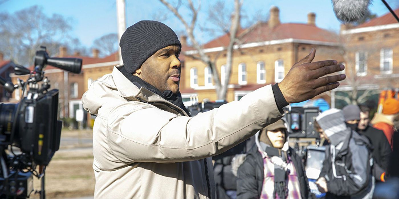 Tyler Perry directing on the set of Boo A Made Halloween