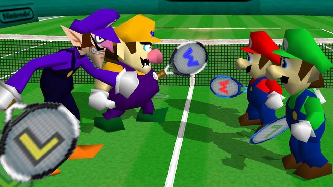 Waluigi and Wario facing off against Luigi and Mario on a tennis court from Mario Tennis.