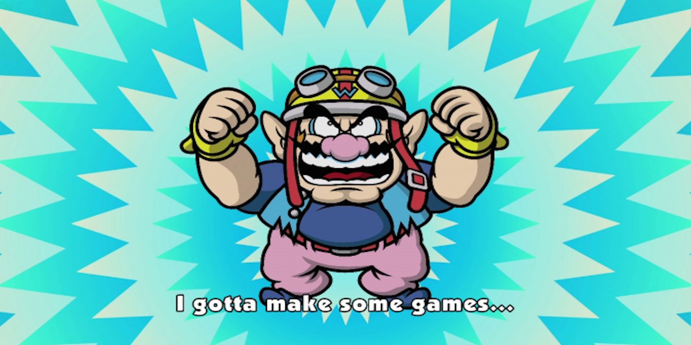 Wario holding both fists up saying 
