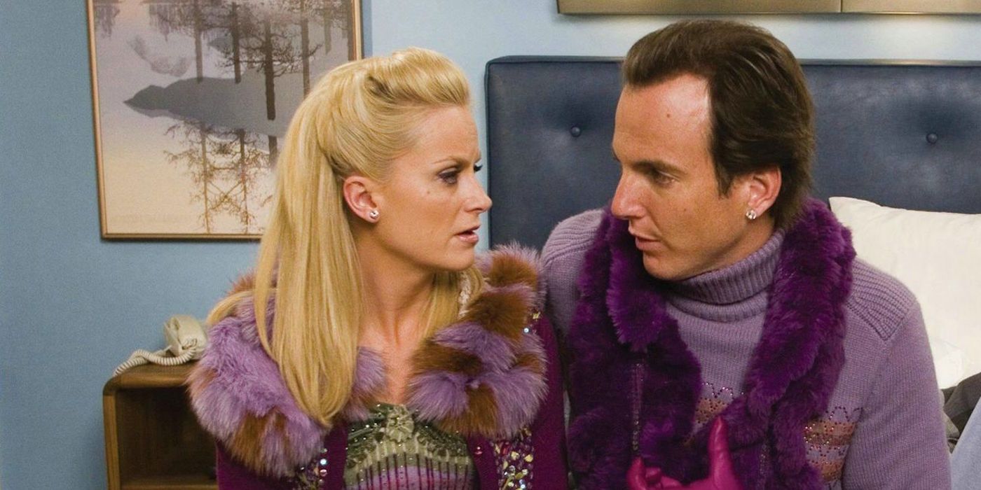 Amy Poehler and Will Arnett staring at each other in Blades of Glory