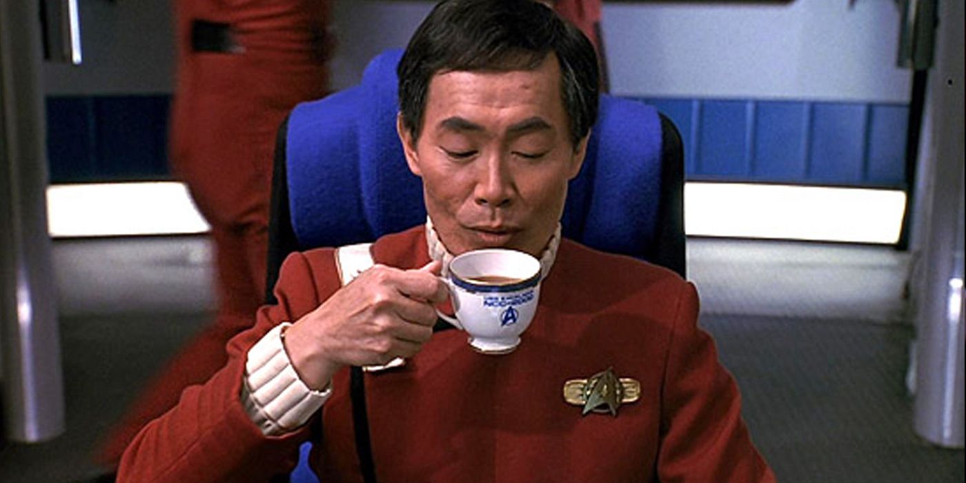 Captain Sulu drinks tea while captaining the Excelsior 