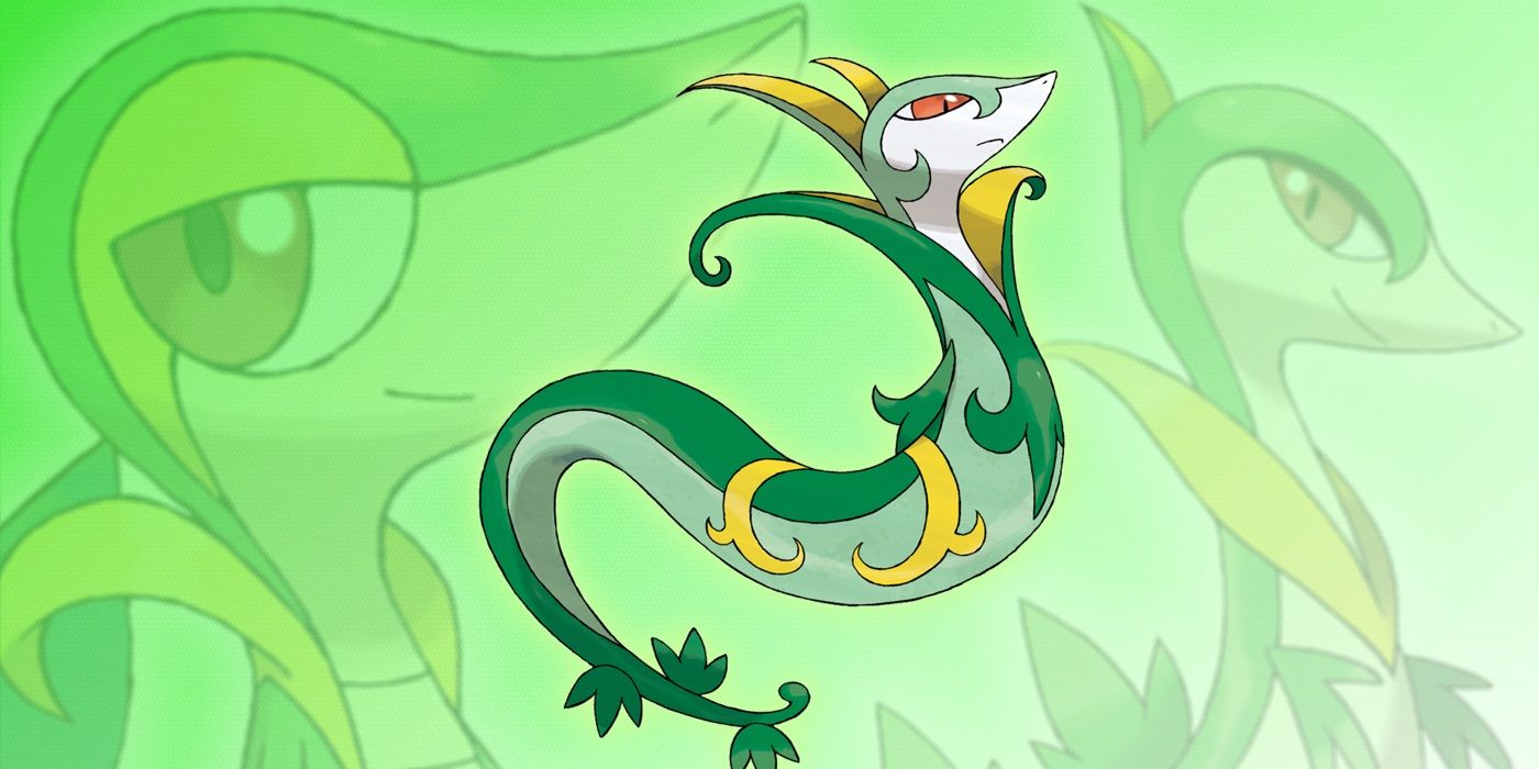 Superimposed images of Serperior in various poses from the Pokemon anime.