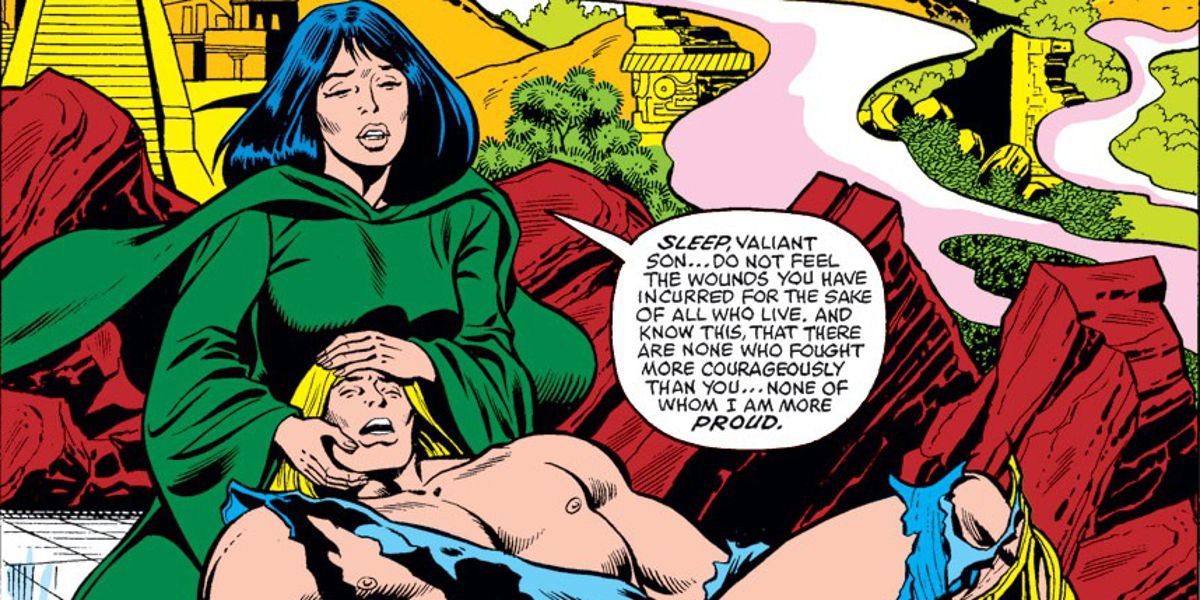Thor's biological mother, Gaea, cradles her injured son