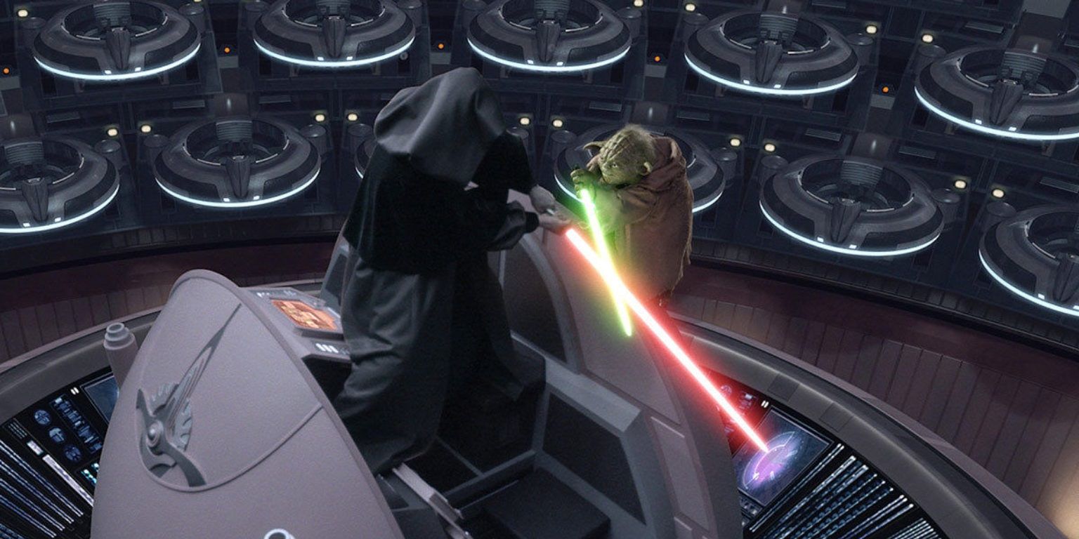 Yoda contre Dark Sidious dans le bâtiment du Sénat de la République dans Revenge of the Sith