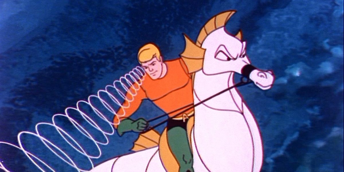 Aquaman rides a seahorse in a DC cartoon