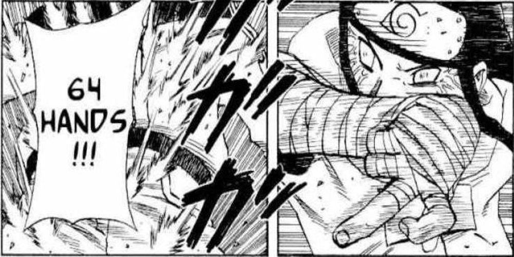 Neji Hyuga uses the Gentle Fist attack in the Naruto manga