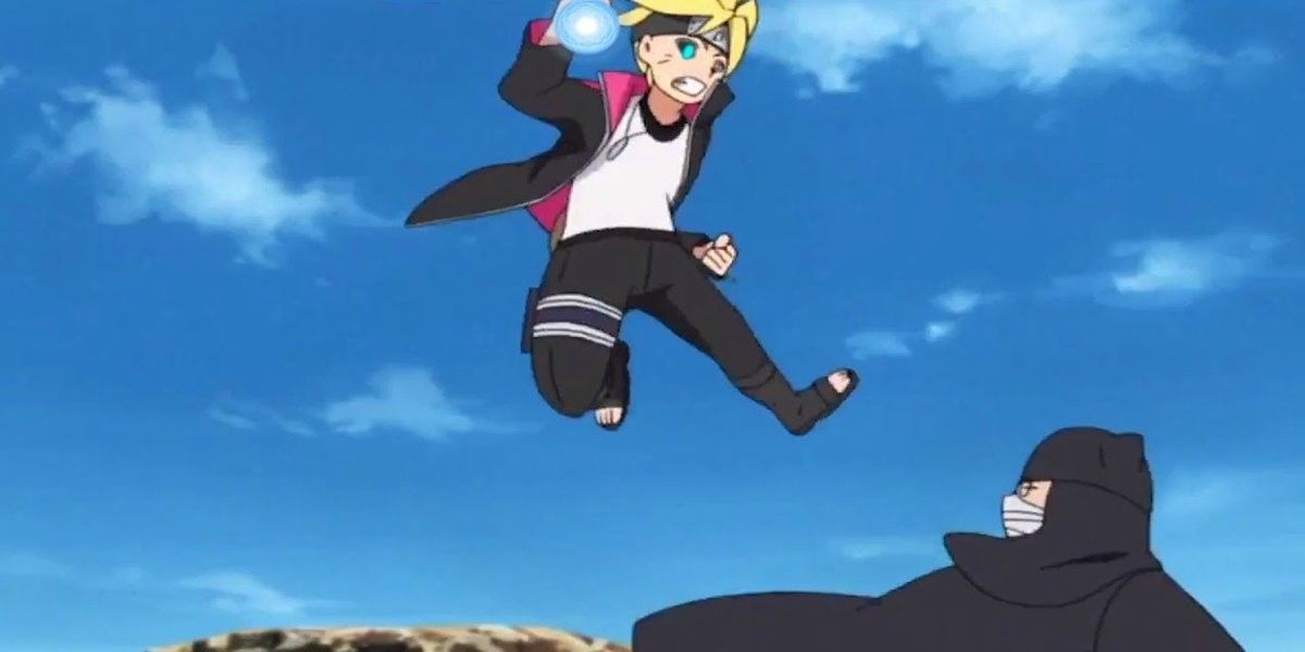 Boruto leaps through the air with a Rasengan in hand in the anime