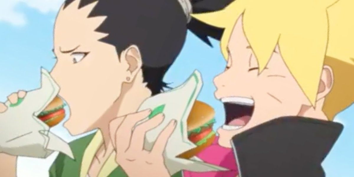 Boruto and Shikadai eating burgers.