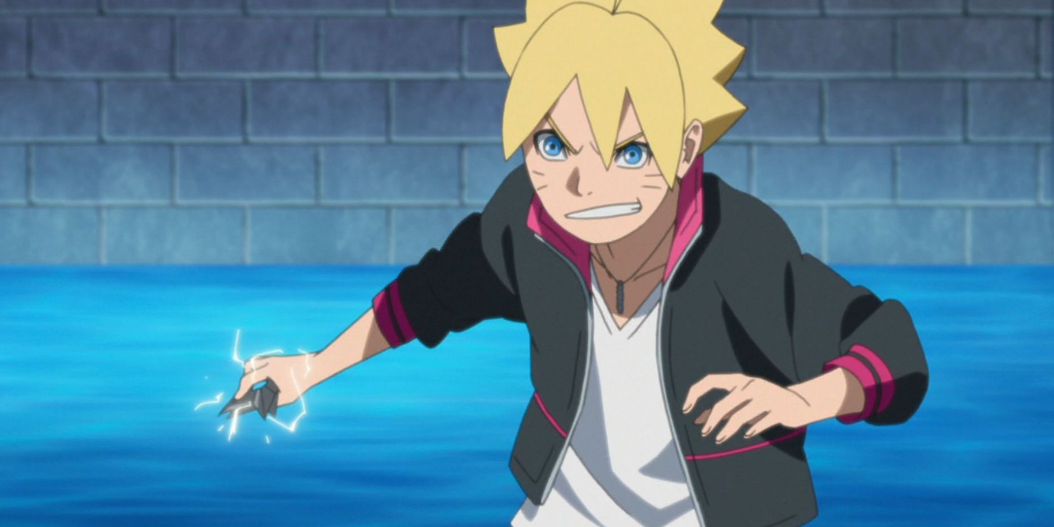 Boruto holds a lightning infused shuriken in his hand in the Boruto anime